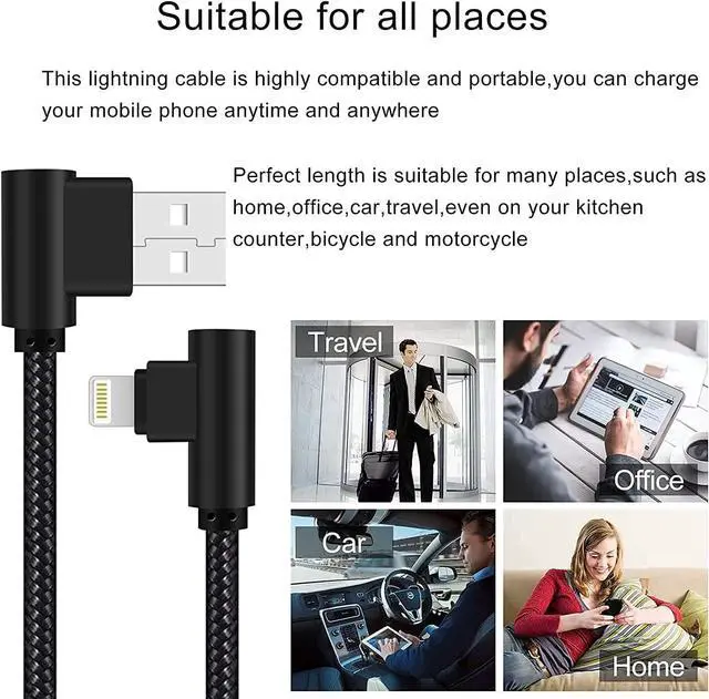 Alt view image 6 of 7 - iPhone Charger 3 feet MFi Certified 3 Pack 90 Degree Nylon Braided Lightning Cable Right Angle Charging Cord for iPhone14 13 12 11 Pro X XS XR 8 Plus 7 6 5 and More (Black 3 FT)
