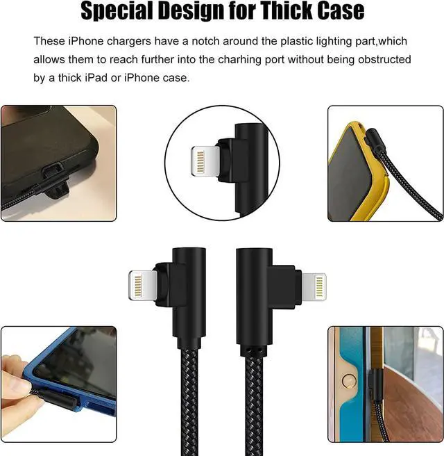 Alt view image 7 of 7 - iPhone Charger 3 feet MFi Certified 3 Pack 90 Degree Nylon Braided Lightning Cable Right Angle Charging Cord for iPhone14 13 12 11 Pro X XS XR 8 Plus 7 6 5 and More (Black 3 FT)