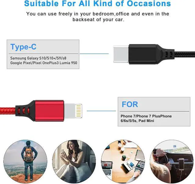 Alt view image 2 of 7 - Multi 2 in 1 USB Universal iPhone Charging Cable, 1.2M/3Ft Portable Nylon Braided Phone Charger Cord Type C/Lightning Connector Adapter for Android/Apple/Samsung/LG/Pixel/Huawei/XiaoMi/Tablets