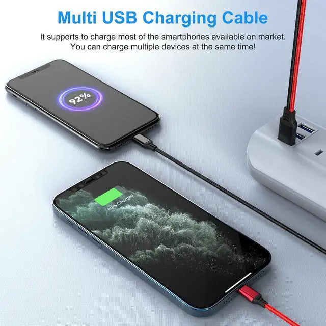 Alt view image 4 of 7 - Multi 2 in 1 USB Universal iPhone Charging Cable, 1.2M/3Ft Portable Nylon Braided Phone Charger Cord Type C/Lightning Connector Adapter for Android/Apple/Samsung/LG/Pixel/Huawei/XiaoMi/Tablets