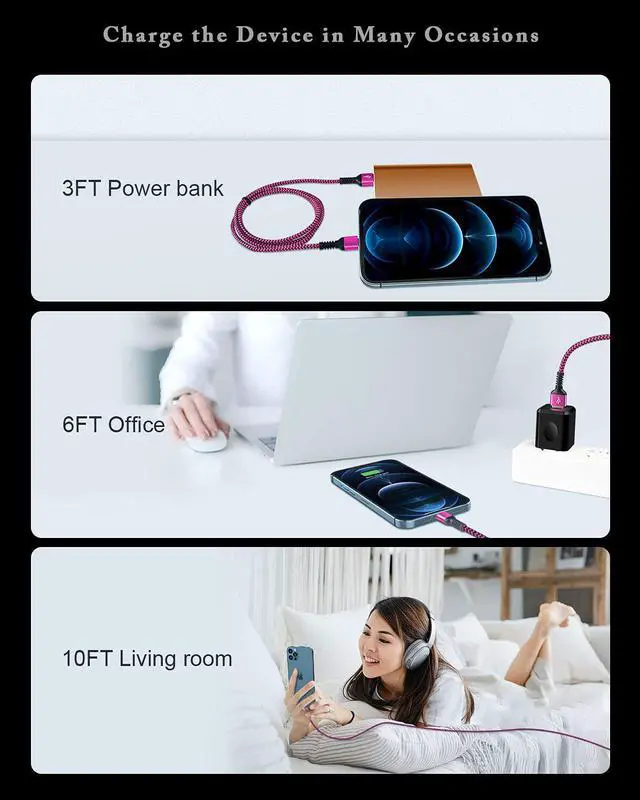 Alt view image 7 of 7 - iPhone Charger Cable [2pack/3ft]  Lightning Cord for iPhone 14 Pro Max 13 12 Pro/11/XS/XR/X/8 Plus/7 iPad mini iPad Air USB-A Braided Rapid Charge Core Recharger Power Cargador Data Line