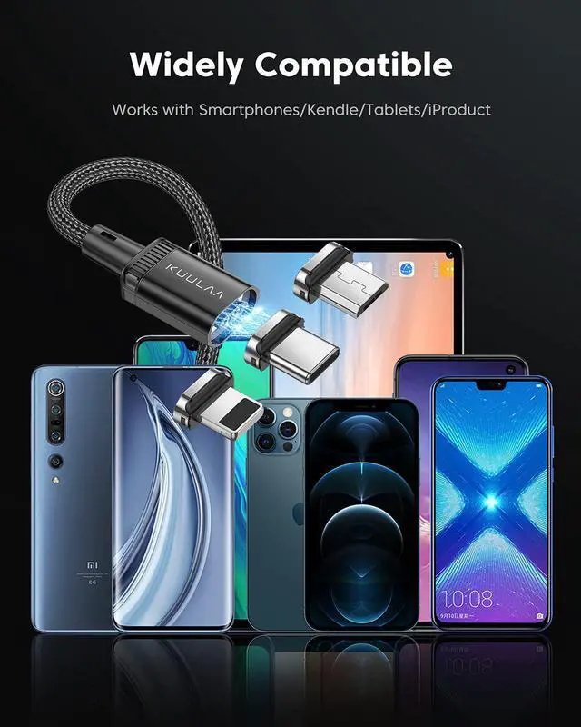 Alt view image 6 of 7 - KUULAA 3Pack Magnetic Charging Cable USB C,3A Fast Charging/Data Transmission with 3 in 1 Charging Tips Nylon-Braided Phone Cable Compatible for iProduct/Type C/Micro Device(3.3ft/6.6ft/6.6ft)