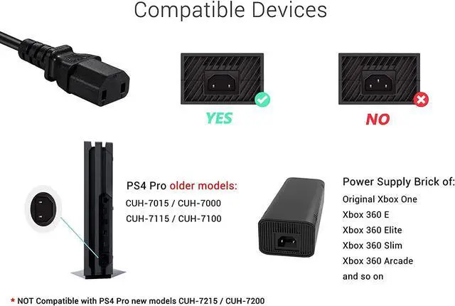 Alt view image 2 of 3 - 2 Prong AC Power Cord Compatible with Sony PS4 Pro Playstation 4 Pro Console Xbox One/Xbox 360 Slim / 360 E Power Supply Brick Power Cable Replacement