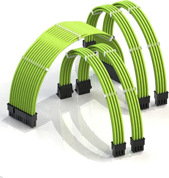 Main image of LINKUP - AVA 30cm PSU Cable Extension Sleeved Custom Mod GPU PC Braided w/Comb Kit | 1 x 24 P (20+4) | 2 x 8 P (4+4) CPU | 2 x 8 P (6+2) GPU Set | 300mm - Green