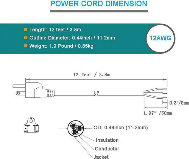 Alt view image 5 of 6 - 12 AWG Power Cord 12FT Open End Heavy Duty 12 Gauge 3 Prong 12 Foot 3 Wire SJT Power Supply Cord NEMA 5-15P, 1875W at 125V Replacement Power Cord for Power Tool, 12AWG Extension Power Cable