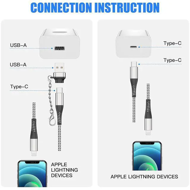 Alt view image 2 of 7 - MFI Certified 2Pack iPhone 14/13 Fast Charger USB Type C to Lightning Cable 6ft Long Charging Cord for iPhone 14/13/12 Pro Max/Mini/X/Xs/Xr and USB C Female to USB A Male Adapter with Keychain