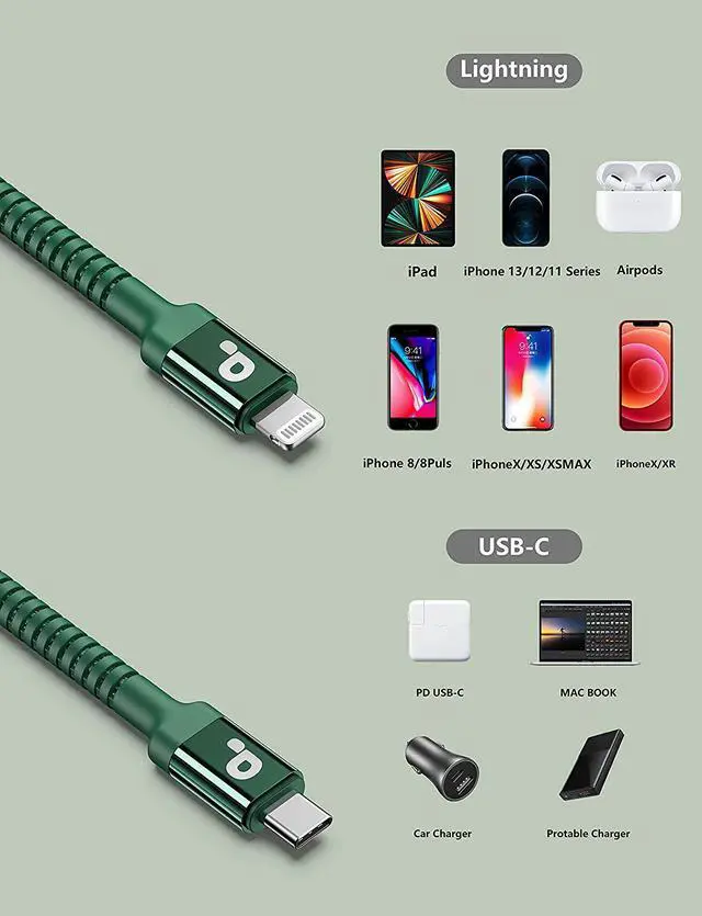 Alt view image 5 of 7 - USB C to Lightning Cable 6FT 2Pack USB-C Fast Charger Cable Mfi Certified Type C to Lightning Cord USBC for iPhone 13 12 11 Pro Max Mini X XS XR 8 Plus 10 SE iPad 8th (Green)