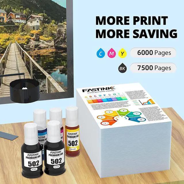 Alt view image 3 of 7 - FASTINK Compatible T502 502 Ink Bottle Refill Replacement for Ecotank ET-4760 ET-2760 ET-3760 ET-2750 ET-3750 ET-3710 ET-3700 ET-2700 ET-4750 ET-15000 Printer (Black,Cyan,Magenta,Yellow),5-Pack