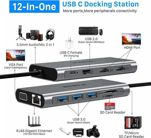 Alt view image 2 of 7 - USB C Docking Station Dual Monitor,12 in 1 Displaylink Hub USB C 3.0 Universal Dock with HDMI,VGA,USB3.0,PD3.0,for MacBook Pro&Air/M1/M2//HP and More USB-C& A Ports Laptops