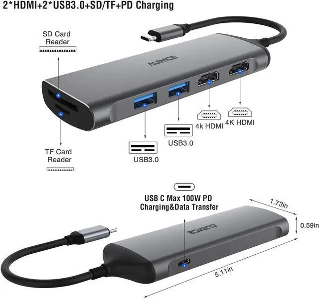 Alt view image 2 of 7 - Dual HDMI Laptop Docking Station Dual Monitor, Universal USB C Dock Triple Display Adapter for MacBook Pro Air, Windows Type C Laptops