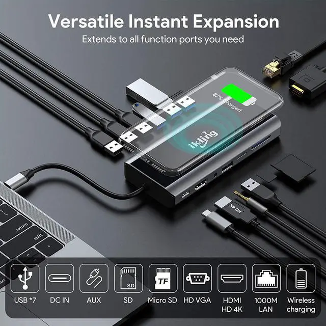 Alt view image 3 of 6 - ikling USB C Hub, 15-in-1 USB-C Hub with 4K HDMI, VGA, Wireless Charger, Gigabit Ethernet, 7 USB 3.0 &2.0 , PD 100W, SD/TF & 3.5mm AUX, USB C Dock for MacBook Pro and Type C Device