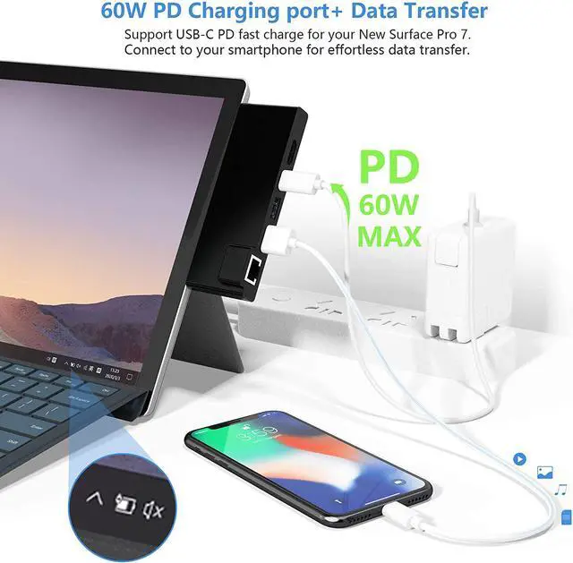 Alt view image 4 of 7 - Surface Pro 7 Hub Docking Station with 4K HDMI Adapter+1000M Gigabit Ethernet LAN+ USB C PD Charging +2 Port USB 3.0+SD/TF(Micro SD) Card Reader Converter Combo Adaptor for Microsoft Surface Pro 7