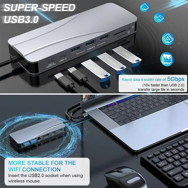 Alt view image 6 of 7 - Quadruple Display USB C Docking Station (2*HDMI+DP), 14 in 1 USB C Hub Compatible for macOS&Windows, USB C Dock(2 * 4KHDMI,DP,PD3.0,USB-C,Ethernet,Audio,SD/TF Card Reader,5*USB Ports)