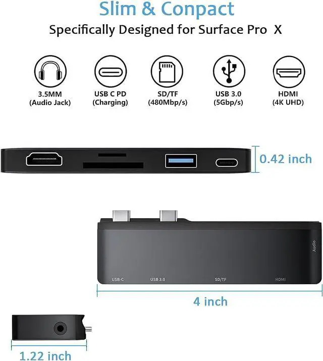 Alt view image 4 of 7 - Surface Pro X Hub Docking Station Dual Monitor, RREAKA 6 in 1 Microsoft Surface Pro X Accessories Adapter Dock with 4K HDMI USB C 60W PD USB3.0 SD/TF Card Reader 3.5mm Audio Jack