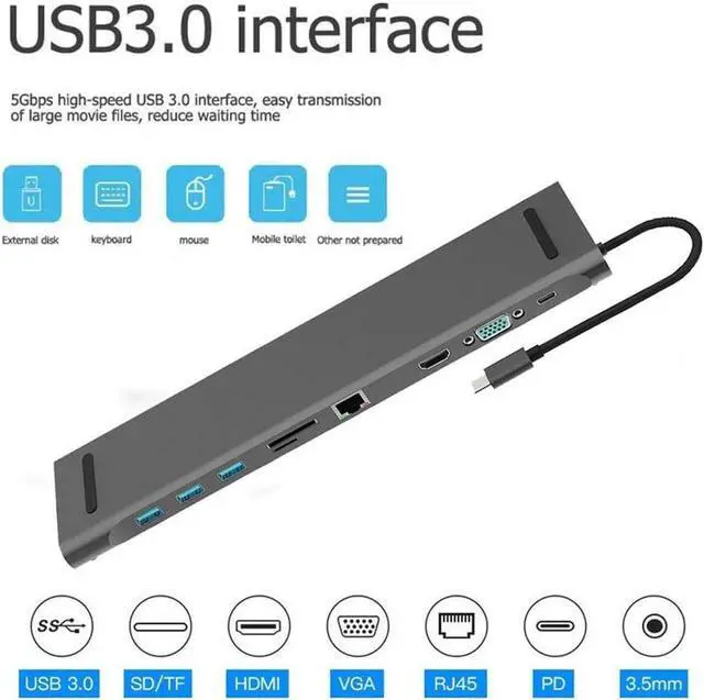 Alt view image 5 of 5 - USB C 4K Docking Station Type C HDMI RJ45 Gigabit LAN PD 100W Power Supply Thunderbolt 10 in 1 HUB USB 3.0 Universal Laptop Docking Station for Windows
