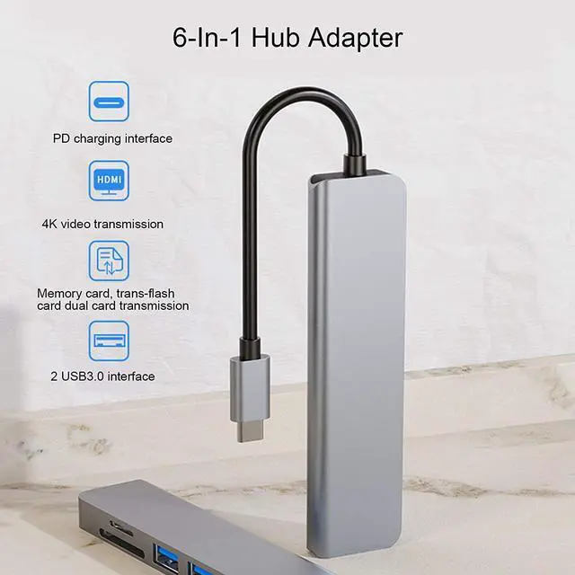 Alt view image 4 of 6 - 6 in 1 Type C Hub Adapter, Docking Station with Output, USB3.0, PD Charging Port, Memory Card Reader, Compact Design for Travel, Compatible with Multiple Devices