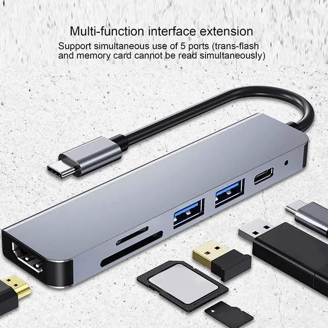 Alt view image 3 of 6 - 6 in 1 Type C Hub Adapter, Docking Station with Output, USB3.0, PD Charging Port, Memory Card Reader, Compact Design for Travel, Compatible with Multiple Devices