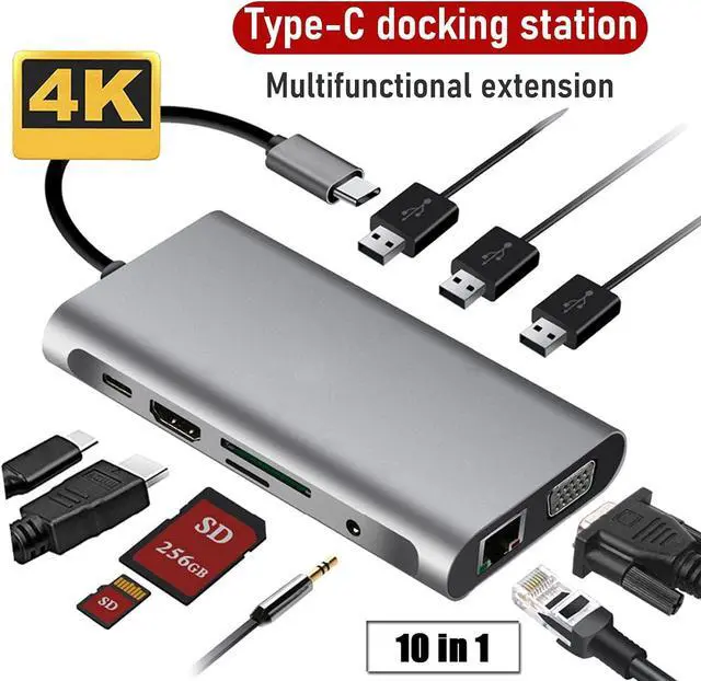 Alt view image 3 of 7 - Docking Station Hub for Laptop PC Phone, Type-C Hub Docking Station 10 in 1 Multifunction USB 3.0 Type-C to RJ45 HDMI-Compatible VGA PD USB TF Micro-SD