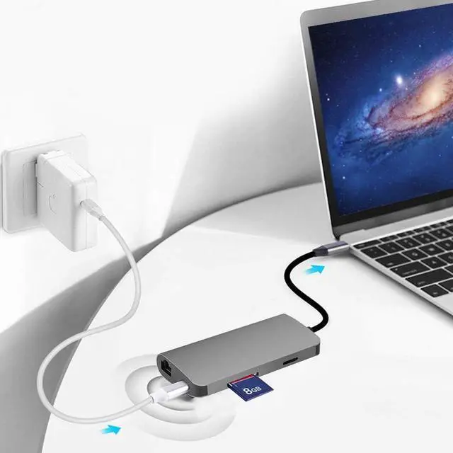 Alt view image 4 of 7 - Type-C USB Hub, 8 in 1 USB Adapter Charging Docking Station with HDMI+USB3.0 Converter+RJ45+TF/SD Card+Type-c Port for Notebook Laptop