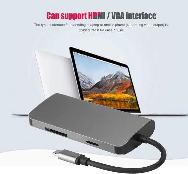 Alt view image 3 of 7 - Type-C USB Hub, 8 in 1 USB Adapter Charging Docking Station with HDMI+USB3.0 Converter+RJ45+TF/SD Card+Type-c Port for Notebook Laptop