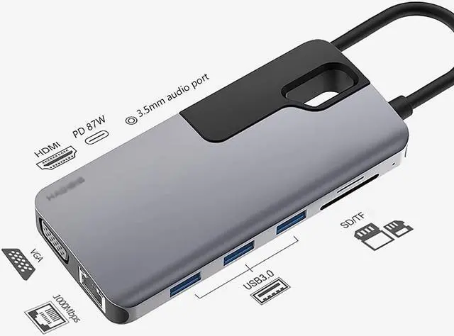 Alt view image 2 of 6 - Port Expander Docking Station 10 in 1 USB C Hub with Hidden Cable (Ethernet, HDMI, VGA, 3 USB 3.0, SD/TF Card Reader, PD 87W, 3.5mm Audio) USB Splitter