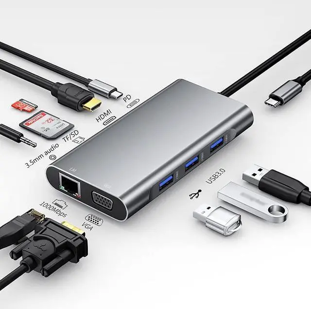 Alt view image 2 of 7 - Port Expander Docking Station USB C Docking Station 10 in 1 with HDMI+VGA+1000M Ethernet+3 USB 3.0+SD/TF+USB-C PD+3.5mm Audio, USB C Hub USB Splitter