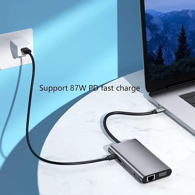 Alt view image 5 of 7 - Port Expander Docking Station USB C Docking Station 10 in 1 with HDMI+VGA+1000M Ethernet+3 USB 3.0+SD/TF+USB-C PD+3.5mm Audio, USB C Hub USB Splitter