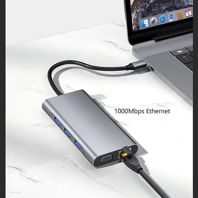 Alt view image 7 of 7 - Port Expander Docking Station USB C Docking Station 10 in 1 with HDMI+VGA+1000M Ethernet+3 USB 3.0+SD/TF+USB-C PD+3.5mm Audio, USB C Hub USB Splitter