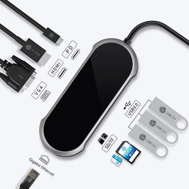 Alt view image 2 of 6 - Port Expander Docking Station 9 in 1 USB C Dock USB C Hub Adapter with HDMI, VGA, PD 100W, Ethernet, SD/TF Card Reader, 3 USB 3.0 Port USB Splitter