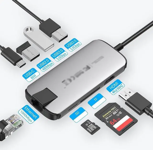 Alt view image 2 of 7 - Port Expander USB C Dock 8-in-1 Type C Hub Adapter Docking Station with Ethernet, 4K HDMI, 2 USB 3.0, USB 2.0, SD/TF Card Reader, PD 60W USB Splitter