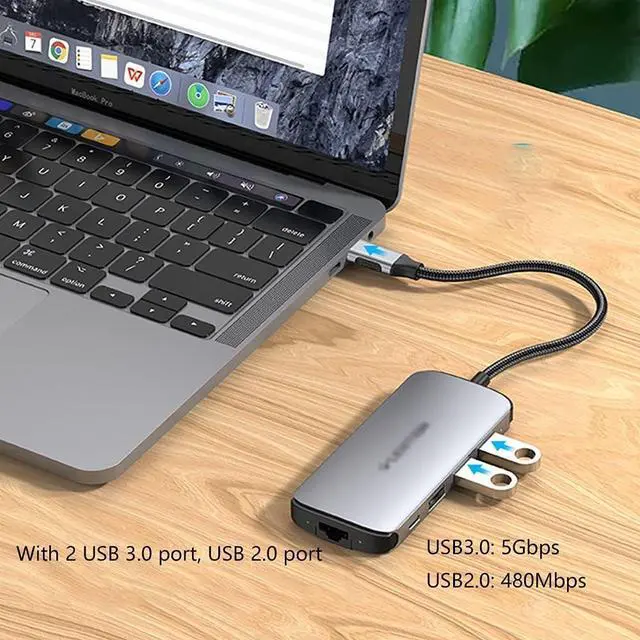 Alt view image 4 of 7 - Port Expander USB C Dock 8-in-1 Type C Hub Adapter Docking Station with Ethernet, 4K HDMI, 2 USB 3.0, USB 2.0, SD/TF Card Reader, PD 60W USB Splitter