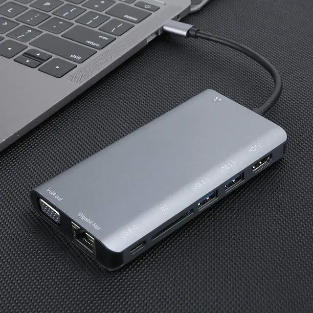 Alt view image 5 of 7 - 8 in 1 Type C Docking Station, Gray Aluminum Alloy Hub with 4K, VGA, Audio, USB3.0 Ports, Gigabit Ethernet for Notebook Expansion