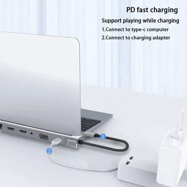 Alt view image 4 of 6 - USB Hub 12-in-1 Fast USB Type C Hub for Dual 4K Docking Station Dual RJ45 Pd USB 2.0 Charging VGA Audio Jack 3.5mm Adapter