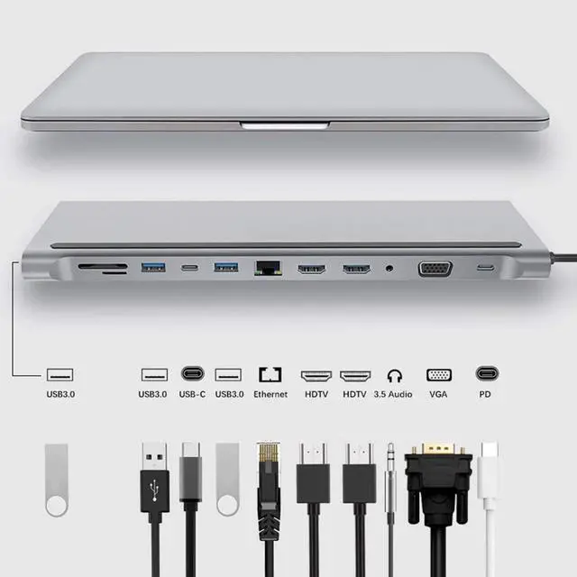 Alt view image 5 of 6 - USB Hub 12-in-1 Fast USB Type C Hub for Dual 4K Docking Station Dual RJ45 Pd USB 2.0 Charging VGA Audio Jack 3.5mm Adapter