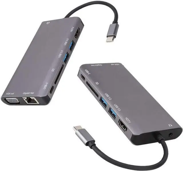 Alt view image 6 of 7 - Type-C USB Hub, 8 in 1 USB3.0x2+HDMI/VGA+Jack 3.5+Gigabit Network LAN+Type-C(Pd) Port Adapter Charging Docking Station for Notebook Laptop