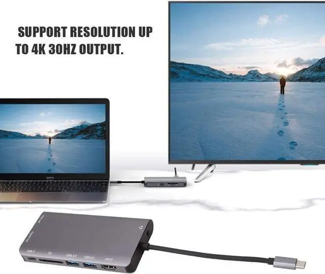 Alt view image 2 of 7 - Type-C USB Hub, 8 in 1 USB3.0x2+HDMI/VGA+Jack 3.5+Gigabit Network LAN+Type-C(Pd) Port Adapter Charging Docking Station for Notebook Laptop