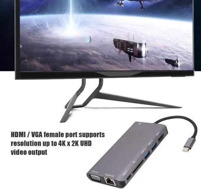 Alt view image 3 of 7 - Type-C USB Hub, 8 in 1 USB3.0x2+HDMI/VGA+Jack 3.5+Gigabit Network LAN+Type-C(Pd) Port Adapter Charging Docking Station for Notebook Laptop
