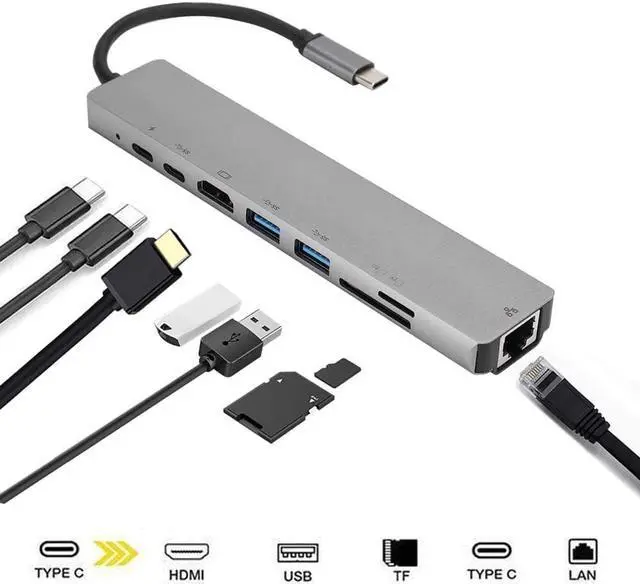 Alt view image 2 of 6 - 8 in to 1 USB Hub,Portable USB C to Type C 3 USB 3.0 Hub Dock Station HDMI RJ45 Ethernet TF OTG Adapter Plug and Play