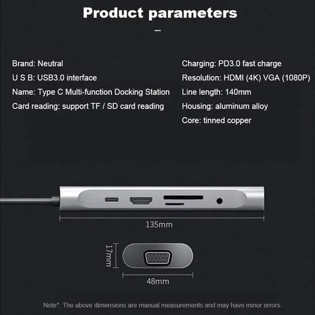 Alt view image 2 of 7 - Hub 10-in-1 USB C Adapter Aluminum with HDMI 4K USB 3.0 VGA RJ45 Gigabit Ethernet Type-C PD 3.0 60W Micro SD/TF for for Type C Devices