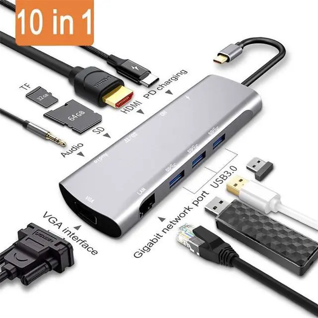 Alt view image 3 of 7 - Hub 10-in-1 USB C Adapter Aluminum with HDMI 4K USB 3.0 VGA RJ45 Gigabit Ethernet Type-C PD 3.0 60W Micro SD/TF for for Type C Devices