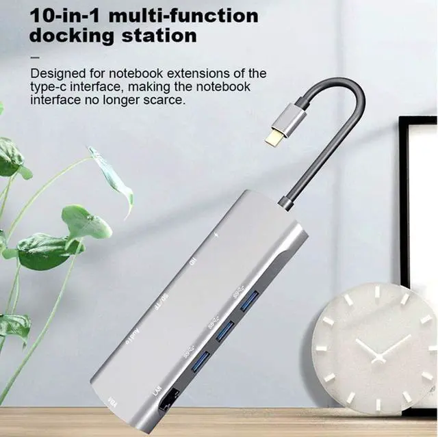 Alt view image 4 of 7 - Hub 10-in-1 USB C Adapter Aluminum with HDMI 4K USB 3.0 VGA RJ45 Gigabit Ethernet Type-C PD 3.0 60W Micro SD/TF for for Type C Devices