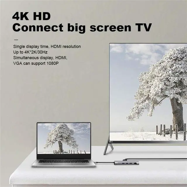 Alt view image 7 of 7 - Hub 10-in-1 USB C Adapter Aluminum with HDMI 4K USB 3.0 VGA RJ45 Gigabit Ethernet Type-C PD 3.0 60W Micro SD/TF for for Type C Devices