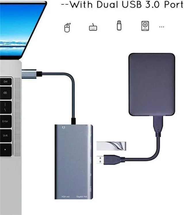 Alt view image 3 of 7 - USB C Hub 8 in 1 USB C Adapter with 4K 1080P VGA Gigabit Ethernet RJ45 SD/Micro SD Card Reader Type C USB 3.0 USB-C Hub Adapter pace Gray