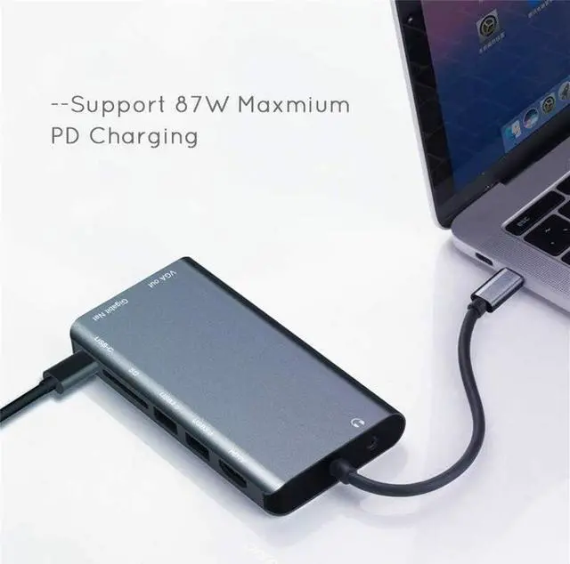 Alt view image 7 of 7 - USB C Hub 8 in 1 USB C Adapter with 4K 1080P VGA Gigabit Ethernet RJ45 SD/Micro SD Card Reader Type C USB 3.0 USB-C Hub Adapter pace Gray