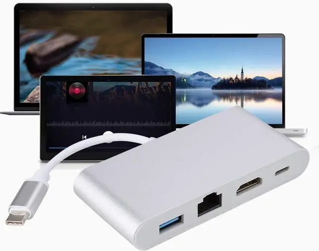 Alt view image 5 of 7 - 4 in 1 Type C to HDMIUSB3.0RJ45PD Converter, 4K Video Adapter Hub, Ethernet Port for Stable Internet, Small Exquisite, Easy to Carry, Aluminum Alloy Material, Silver Color