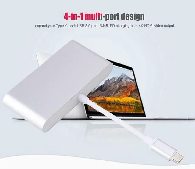 Alt view image 4 of 7 - 4 in 1 Type C to HDMIUSB3.0RJ45PD Converter, 4K Video Adapter Hub, Ethernet Port for Stable Internet, Small Exquisite, Easy to Carry, Aluminum Alloy Material, Silver Color