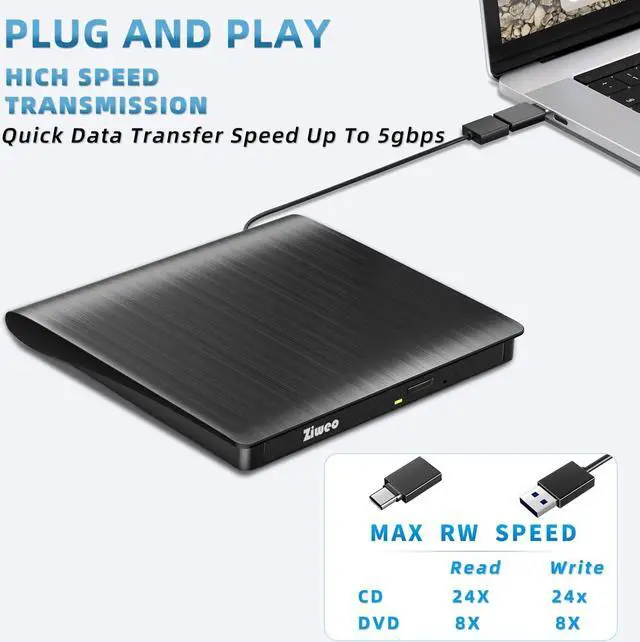 Alt view image 3 of 7 - External DVD Drive USB 3.0 Type-C CD Burner Portable CD +/-RW Drive DVD Player for ROM Rewriter Burner Compatible with Laptop Desktop PC Windows MacBook Linux Mac OS