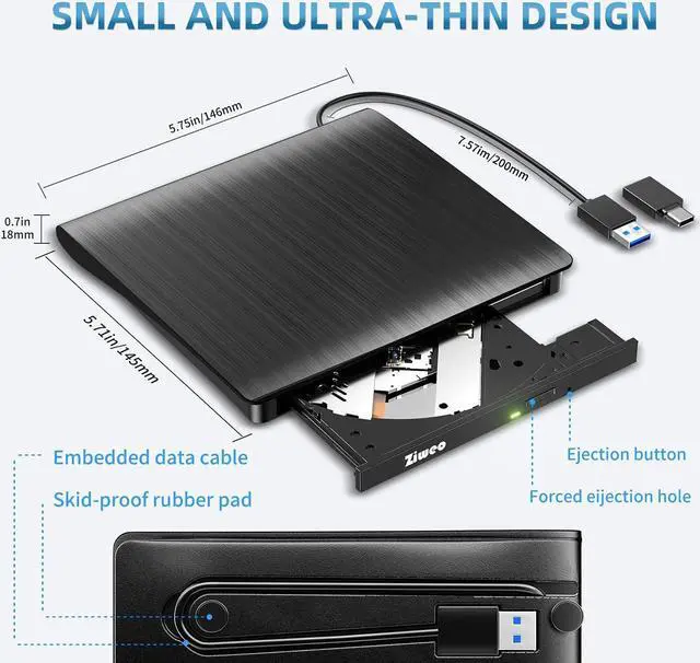 Alt view image 5 of 7 - External DVD Drive USB 3.0 Type-C CD Burner Portable CD +/-RW Drive DVD Player for ROM Rewriter Burner Compatible with Laptop Desktop PC Windows MacBook Linux Mac OS