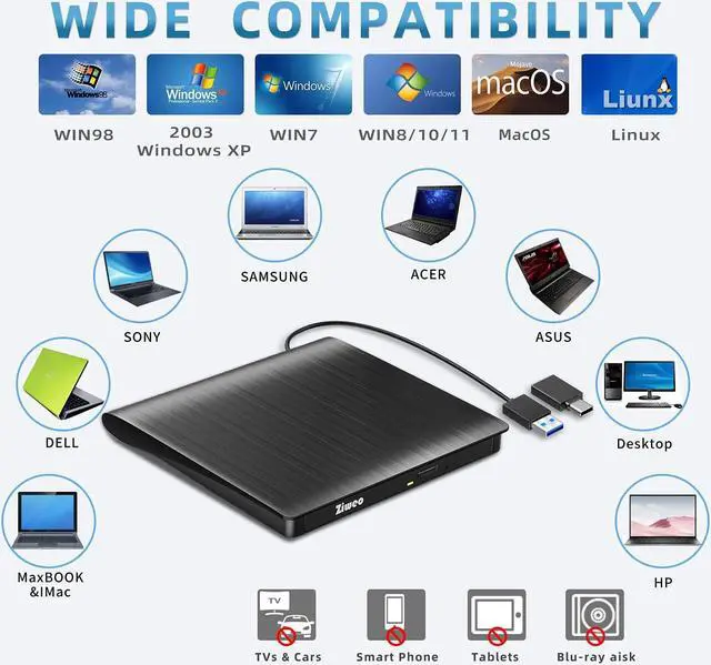 Alt view image 4 of 7 - External DVD Drive USB 3.0 Type-C CD Burner Portable CD +/-RW Drive DVD Player for ROM Rewriter Burner Compatible with Laptop Desktop PC Windows MacBook Linux Mac OS