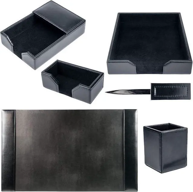 Alt view image 5 of 7 - Bonded Leather Desk Set - Luxury Leather Desk Pad & Desk Organization Essentials (Black, 6 Piece)